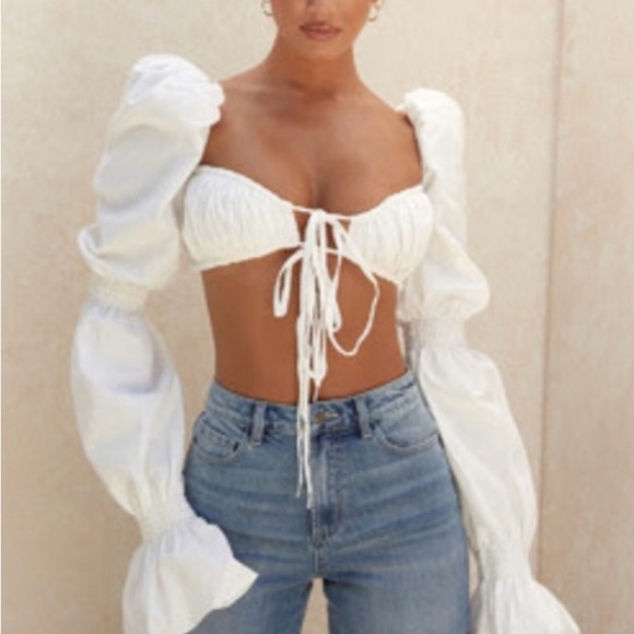 House of CB Tops - House of CB White Puff Sleeve Tie Front Crop Top